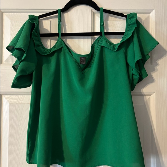 SHEIN Emerald V-Neck Off the Shoulder Blouse - Picture 2 of 7